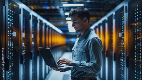 Male IT specialist works on laptop in data center surrounded by server racks, cloud computing facility with network infrastructure. Cyber security and maintenance administration tasks. photo