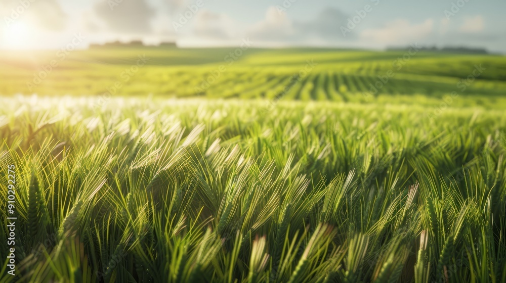 Green wheat field at sunset. Lush green wheat field bathed in the golden light of the setting sun, creating a serene and peaceful landscape.