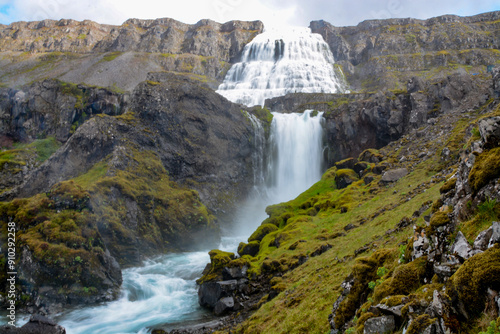 perspective of the cascades of Dynjandi Foss, a beautiful huge waterfall in the westfjords of Iceland