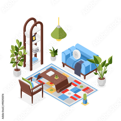 Isometric living room interior. Home interior with sofa armchair bookshelf lamp and carpet. Cozy salon in apartment, 3d flawless vector scene