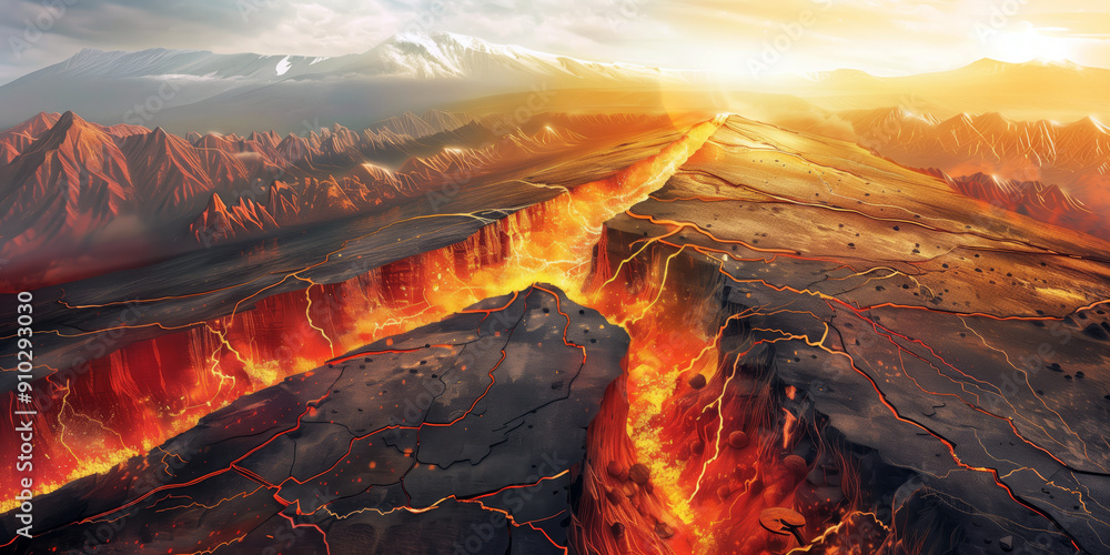 Illustration of tectonic plates shifting, with a fault line and Earth's ...