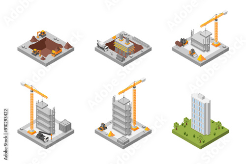 Isometric building process. Special machineries construction modern apartment build or skyscraper step by step. 3d flawless vector scenes