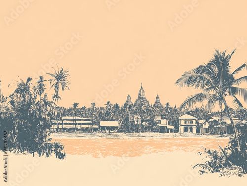 Risograph halftone riso print travel poster, card, wallpaper or banner illustration, modern, isolated, clear, simple of Pyay, Myanmar. Artistic, screen printing, stencil photo