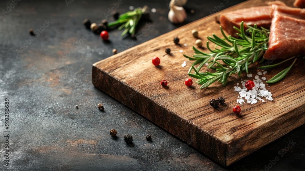 Rosemary, Pepper, and Salt on a Wooden Cutting Board Rosemary, Pepper, and Salt on a Wooden Cutting Board