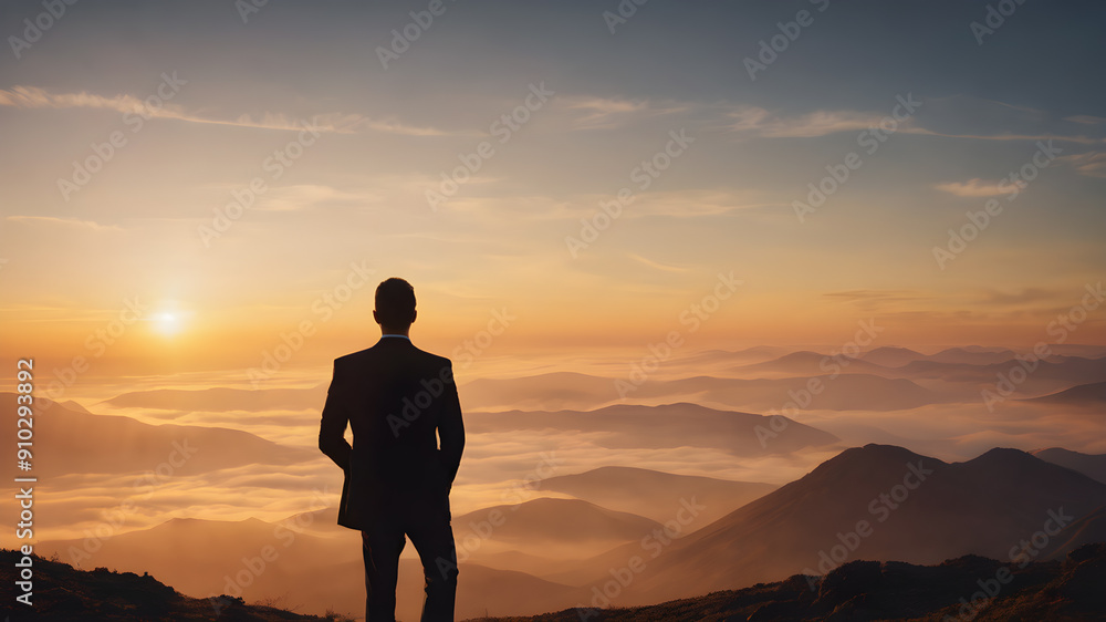 Silhouette of a successful businessman, a man in a suit, standing on top of a mountain and looking at the sunrise. Generative AI Silhouette of a successful businessman, a man in a suit, standing on top of a mountain and looking at the sunrise. Generative AI