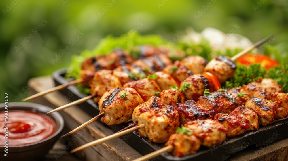 Grilled chicken kebab with various sauces, blurred grass in the background Grilled chicken kebab with various sauces, blurred grass in the background
