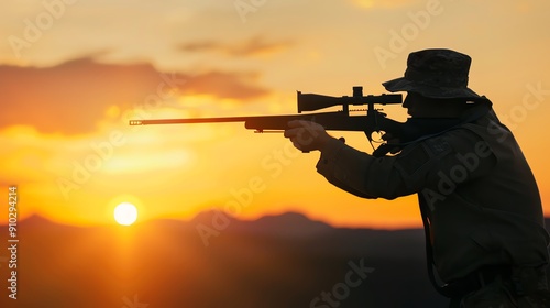 American sniper in action, sunset backdrop, silhouette, bravery and commitment