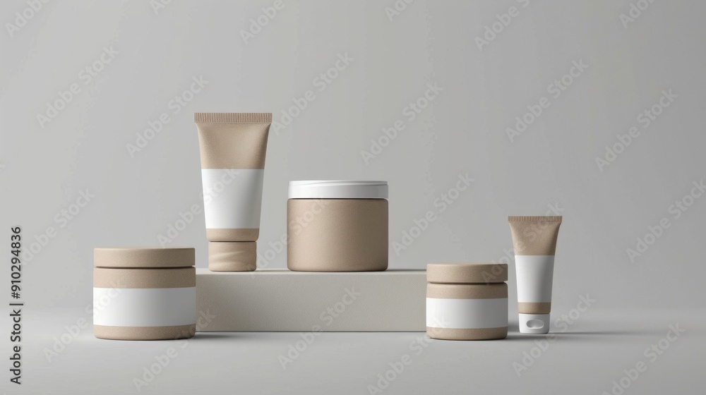 Natural cosmetic packaging set. Minimalist product packaging mockup with brown containers and jars.  Showcase your beauty product designs with this modern composition.