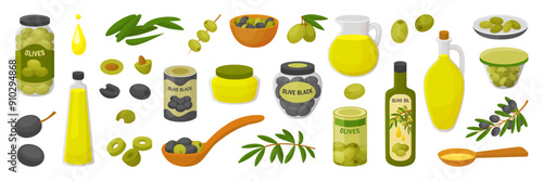 Cartoon olives plants and food. Olive tree branches, bottles and jugs with fresh virgin oil. Olives in jars and cans, agriculture neoteric vector set