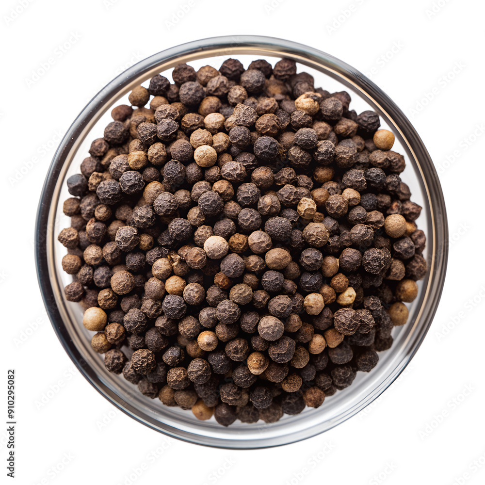 A top view clear glass Bowl of Black Pepper isolated on a transparent background A top view clear glass Bowl of Black Pepper isolated on a transparent background
