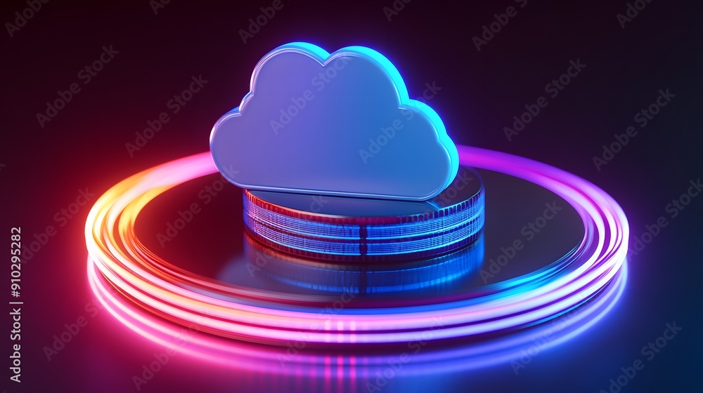 Futuristic cloud computing concept with vibrant neon lights and a 3D cloud icon, symbolizing technology and digital innovation. Futuristic cloud computing concept with vibrant neon lights and a 3D cloud icon, symbolizing technology and digital innovation.
