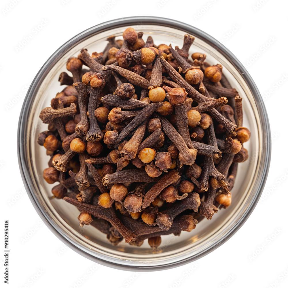 A top view clear glass Bowl of Cloves isolated on a transparent background A top view clear glass Bowl of Cloves isolated on a transparent background