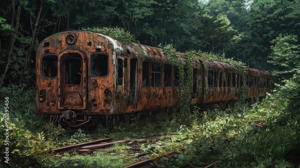 Detailed hand-drawing of an abandoned train, featuring rusting metal and overgrown vegetation. Detailed hand-drawing of an abandoned train, featuring rusting metal and overgrown vegetation.