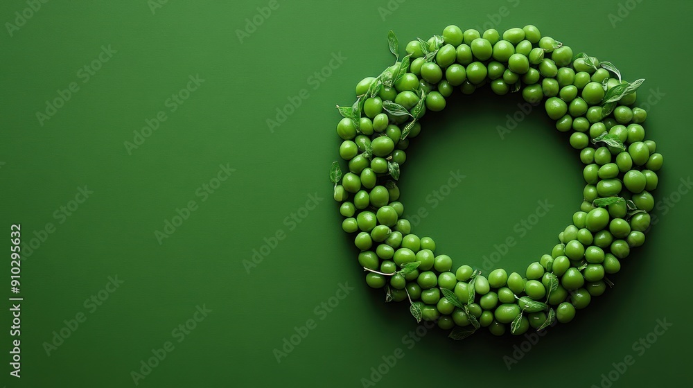 Obraz premium Green peas arranged in a wreath shape on a green background.