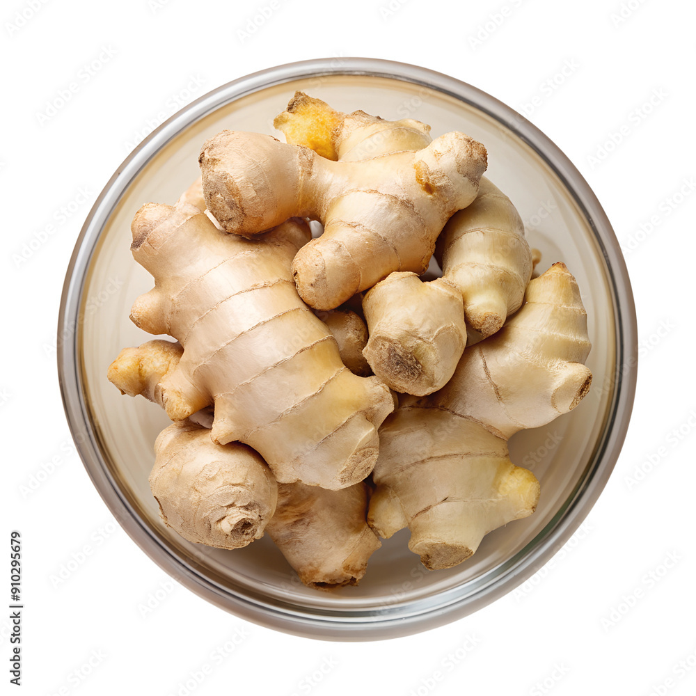 A top view clear glass Bowl of ginger isolated on a transparent background A top view clear glass Bowl of ginger isolated on a transparent background