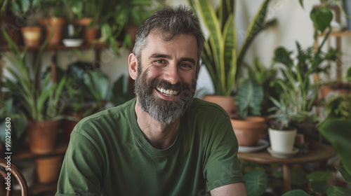 Um homem barbudo, de cabelo curto e camisa verde sorri calorosamente enquanto está sentado em uma sala cheia de vários vasos de plantas, criando um espaço de estar natural e aconchegante.