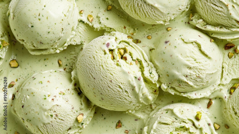 Fototapeta premium Detailed top view of pistachio ice cream, forming a flavorful and inviting background.