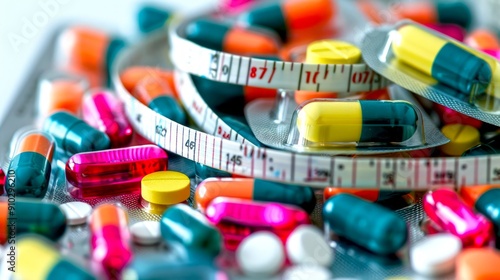 Colorful medication pills spread around with a measuring tape in focus, symbolizing health and weight loss concepts in a vibrant setup. Perfect for health, medical or fitness stock photos. AI photo