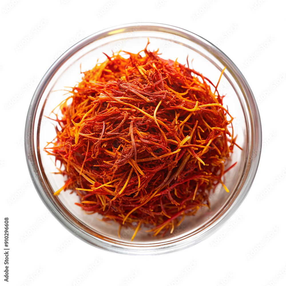 Fototapeta premium A top view clear glass Bowl of Saffron isolated on a transparent background