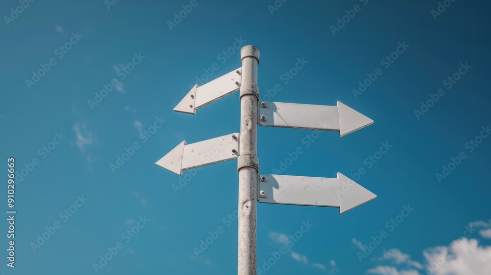 4 way arrow white signpost pole with blur sky cloud 4 way arrow white signpost pole with blur sky cloud