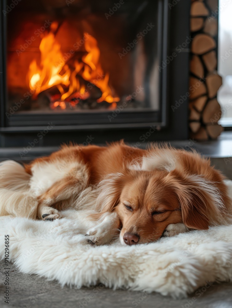 Cozy Dog Sleeping by Fireplace on Fluffy Rug in Warm and Inviting Living Room Setting Cozy Dog Sleeping by Fireplace on Fluffy Rug in Warm and Inviting Living Room Setting