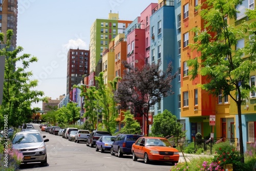 A row of colorful houses lining a city street, Reflect the cultural diversity of a vibrant urban neighborhood. Ai generated