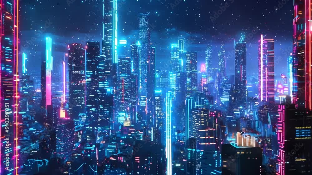 Futuristic Neon Cityscape at Night with Glowing Skyscrapers and Starry Sky Futuristic Neon Cityscape at Night with Glowing Skyscrapers and Starry Sky