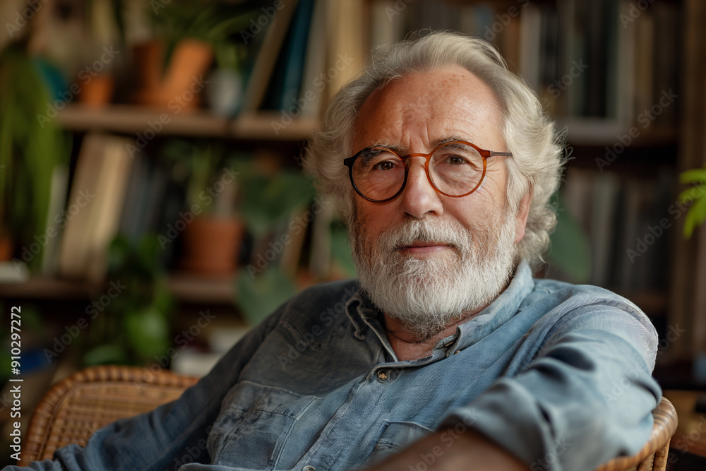 Thoughtful senior man with glasses in cozy home library. The contemplative mood and serene atmosphere make this image ideal for content involving wisdom, introspection, and home environments Thoughtful senior man with glasses in cozy home library. The contemplative mood and serene atmosphere make this image ideal for content involving wisdom, introspection, and home environments