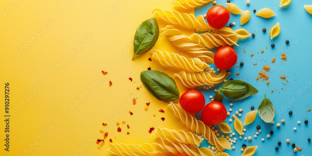 Fototapeta premium Colorful pasta and tomatoes on yellow and blue background. Fusilli pasta, cherry tomatoes, basil, and spices arranged creatively. Ideal for culinary blogs, food industry marketing