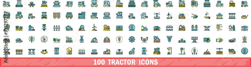 100 tractor icons set. Color line set of tractor vector icons thin line color flat on white