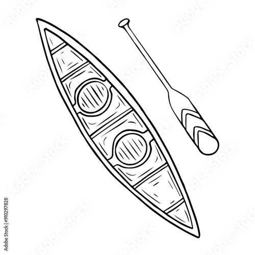 A two-seater canoe with an oar is hand drawn in doodle style. Boat for two rowers for rafting on the river. Vector line art illustration.