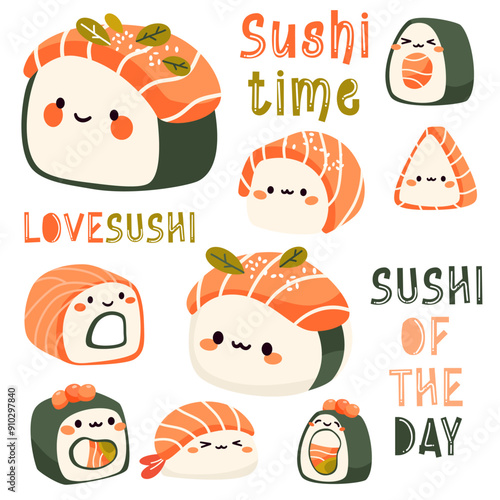 PrintCute vector set of sushi and rolls. Japanese food with positive faces. Funny inscriptions about food and sushi. Printable prints . Vector illustration