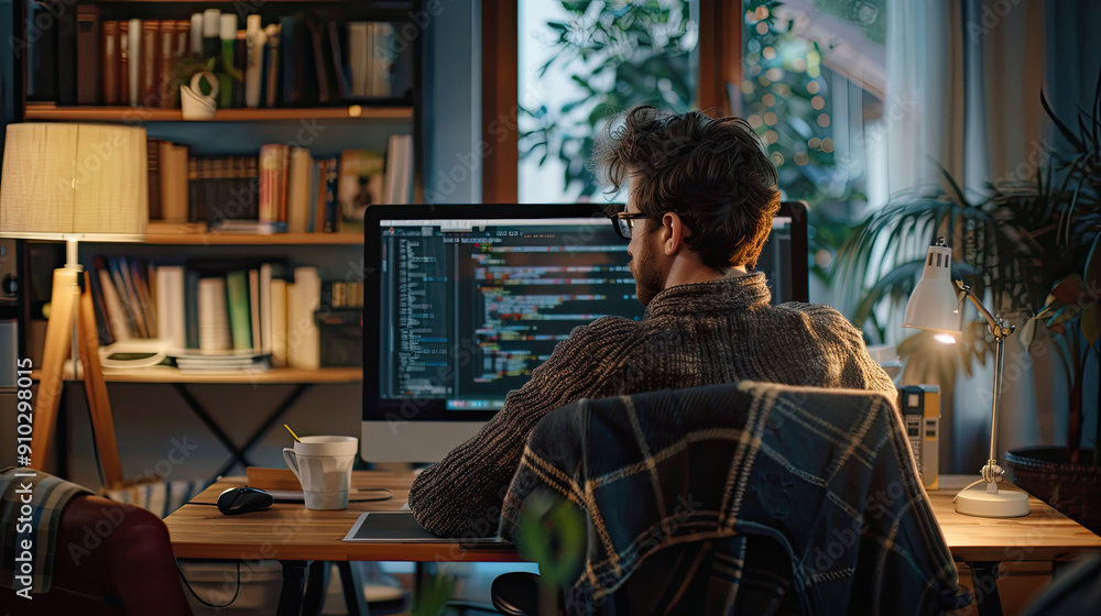 Focused programmer coding in vibrant office environment Focused programmer coding in vibrant office environment