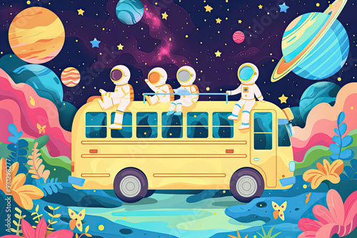 School bus journey through a vibrant and colorful space scene photo