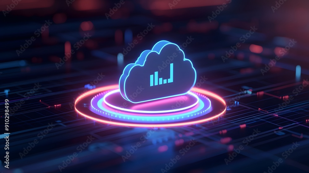 Futuristic cloud computing technology concept with neon lights and ...