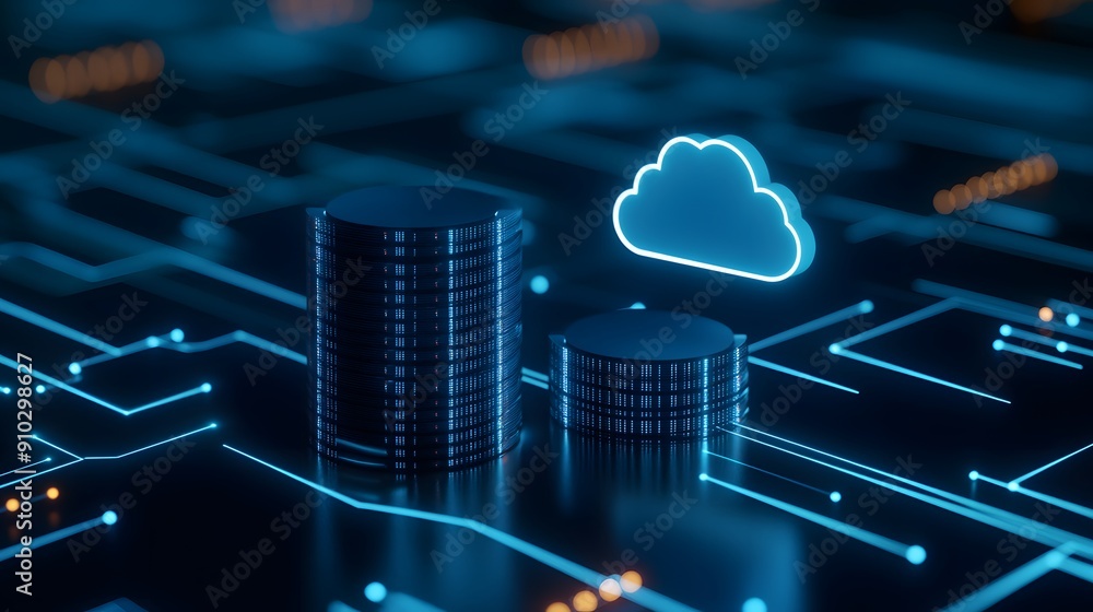 Futuristic cloud computing technology concept with virtual data storage and glowing cloud icon on digital motherboard background. Futuristic cloud computing technology concept with virtual data storage and glowing cloud icon on digital motherboard background.