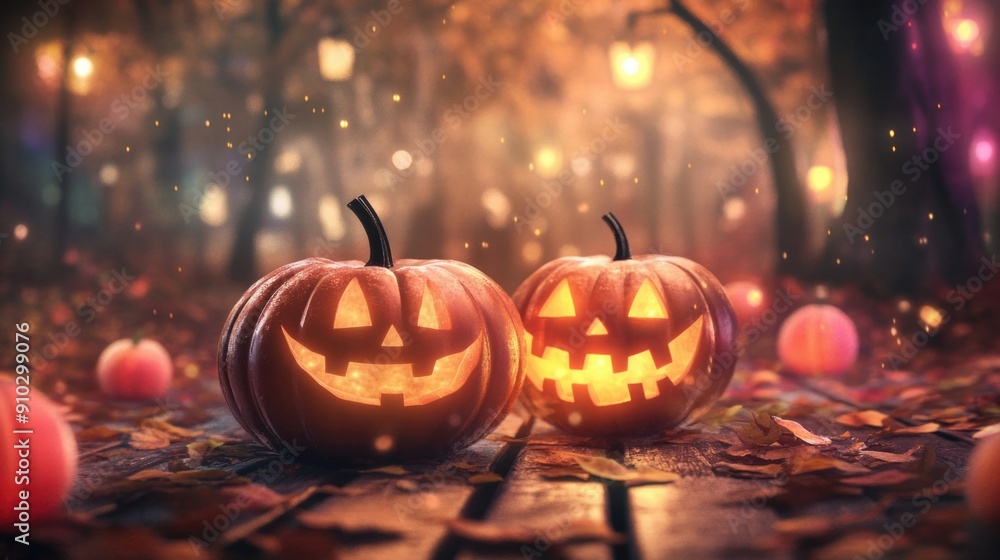 Jack O’ Lanterns Glowing At Moonlight In The Spooky Night - Halloween Scene Jack O’ Lanterns Glowing At Moonlight In The Spooky Night - Halloween Scene