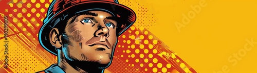 Pop art construction worker with safety helmet Colorful background with retro comic style construction tools