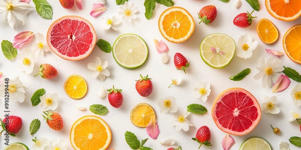 Citrus and strawberry floral background. A vibrant, flat lay composition featuring sliced citrus fruits, strawberries, and flowers on a white background. Ideal for food, health, and wellness marketing Citrus and strawberry floral background. A vibrant, flat lay composition featuring sliced citrus fruits, strawberries, and flowers on a white background. Ideal for food, health, and wellness marketing