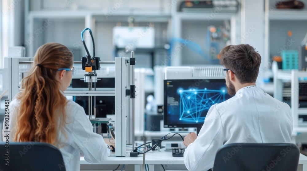 Behind the scenes, a team of skilled engineers sit at tables and perform quality checks on 3D printed prototypes inside a modern laboratory. Behind the scenes, a team of skilled engineers sit at tables and perform quality checks on 3D printed prototypes inside a modern laboratory.