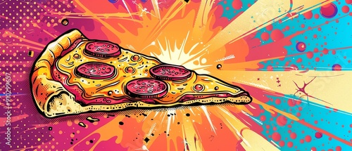 Pop art pizza slice menu Colorful cafe background in pop art retro comic style