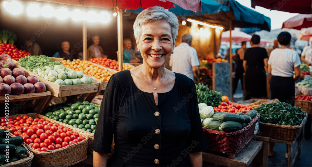 Obraz premium Portrait of an elderly woman with gray hair at a city market near stalls with fresh vegetables and fruits.