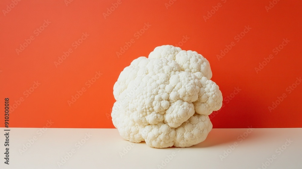 A single white cauliflower on a white surface against an orange background. A single white cauliflower on a white surface against an orange background.