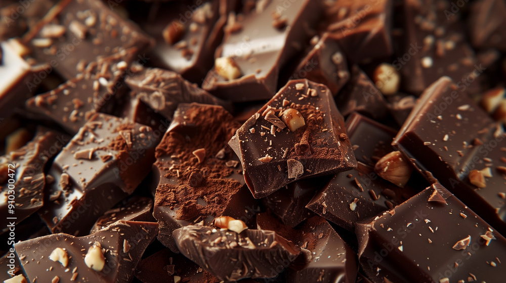 Close-Up of Gourmet Chocolate Pieces with Nuts and Cocoa Powder Close-Up of Gourmet Chocolate Pieces with Nuts and Cocoa Powder