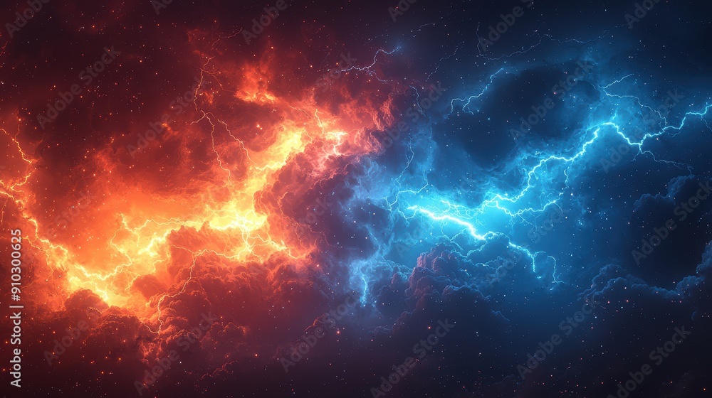 Dynamic Clash of Fire and Ice: Vibrant Red and Blue Lightning in a Dramatic Cosmic Sky Dynamic Clash of Fire and Ice: Vibrant Red and Blue Lightning in a Dramatic Cosmic Sky