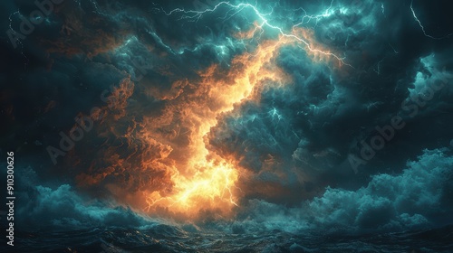 Dramatic Stormy Sky with Lightning and Fiery Clouds Over a Turbulent Ocean Capturing the Power and Beauty of Nature's Fury