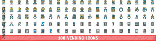 100 vending icons set. Color line set of vending vector icons thin line color flat on white