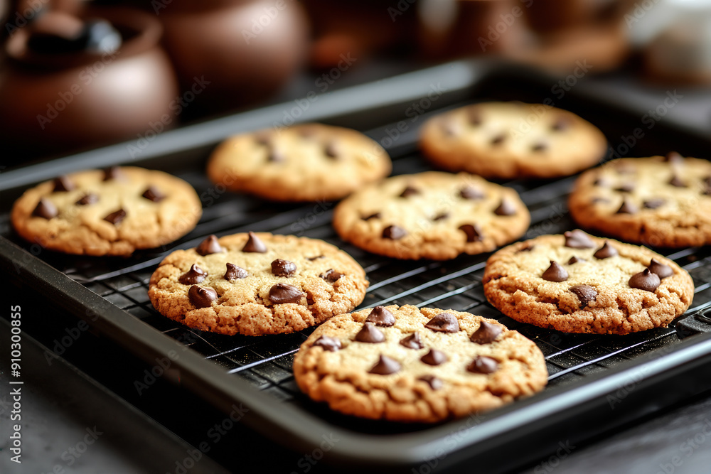 Freshly baked chocolate chip cookies cooling on a wire rack, perfect for any sweet tooth craving or dessert table. Freshly baked chocolate chip cookies cooling on a wire rack, perfect for any sweet tooth craving or dessert table.