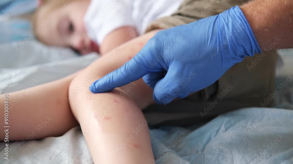 Doctor examining child with bodily red rash. Kid allergy closeup. Little baby scratches an eruption. Nurse applies special cream to atopic skin. Dermatitis, irritation, hive. Pruritus. Mosquito bites Doctor examining child with bodily red rash. Kid allergy closeup. Little baby scratches an eruption. Nurse applies special cream to atopic skin. Dermatitis, irritation, hive. Pruritus. Mosquito bites