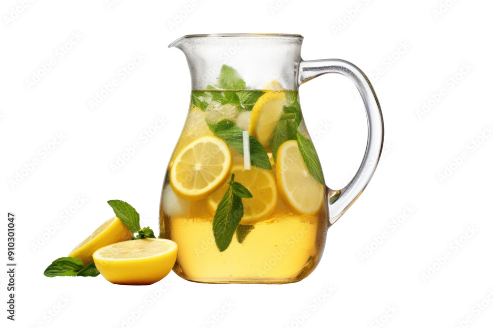 Fototapeta premium pitcher filled with a refreshing beverage, such as lemonade or iced tea, isolated on a white background.